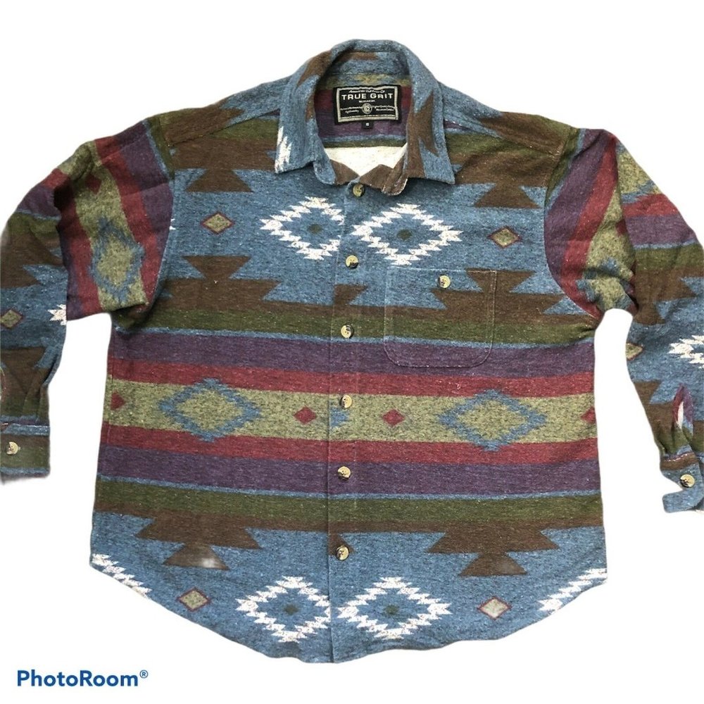 True Grit Mens Aztech Print Long Sleeve Button Sm